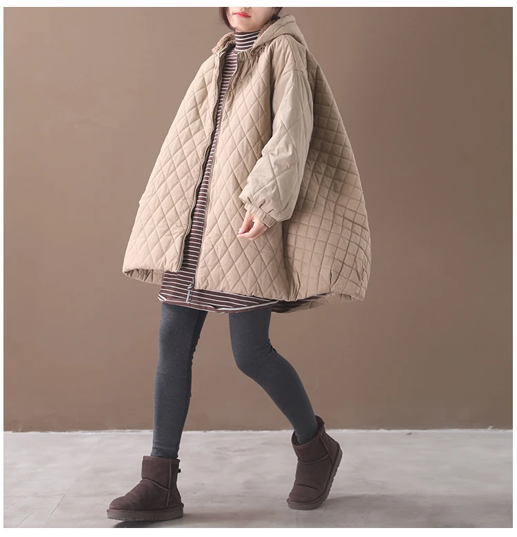 Женский зимний размера плюс литературная верхняя одежда ромбовидная тонкая овечья шва толстое свободное хлопковое пальто