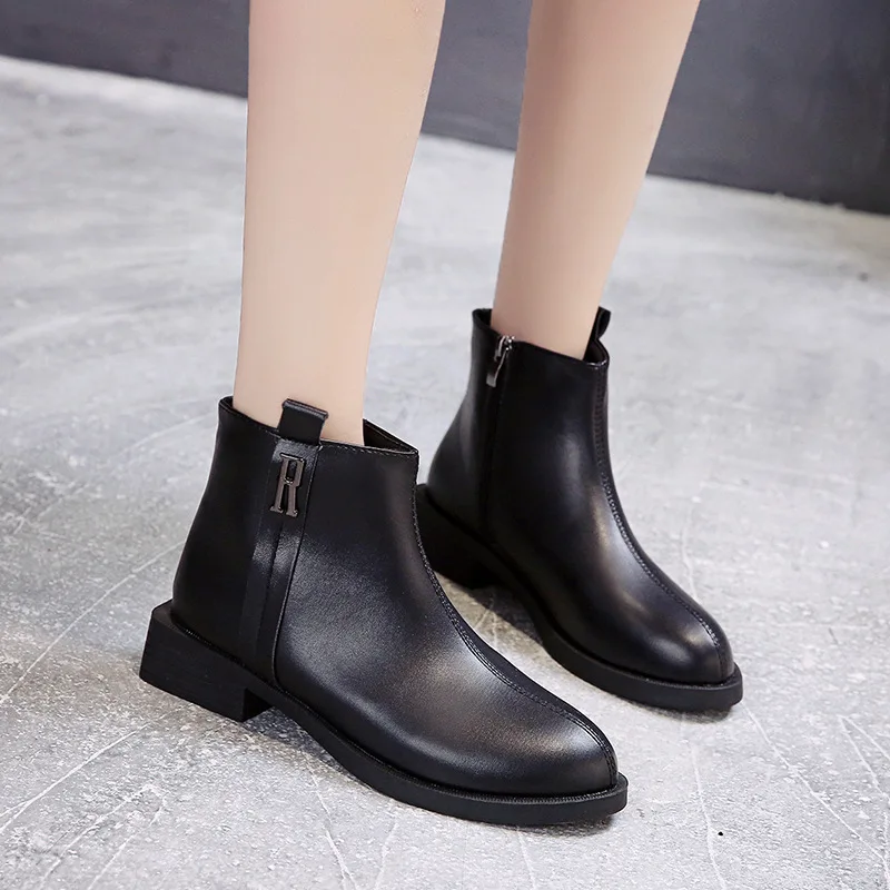 Spring Woman Chelsea Boots Winter New Casual Side Zipper Plug Velvet Warm Black Martin Booties Ladies PU Leather Shoes