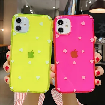 

USLION Fluorescent Transparent Love Heart Phone Cover For iPhone 11 Pro Max X XR XS Max 7 8 7Plus Soft Silicone TPU Back Cover