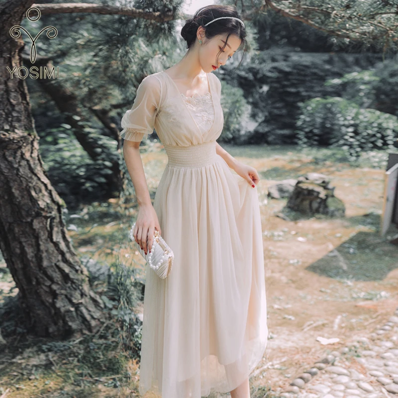 

YOSIMI V-Neck Short Sleeve Chiffon Long Women Dress 2019 Summer Vintage Maxi Empire Beige Lace Ladies Party Dress Ankle-length