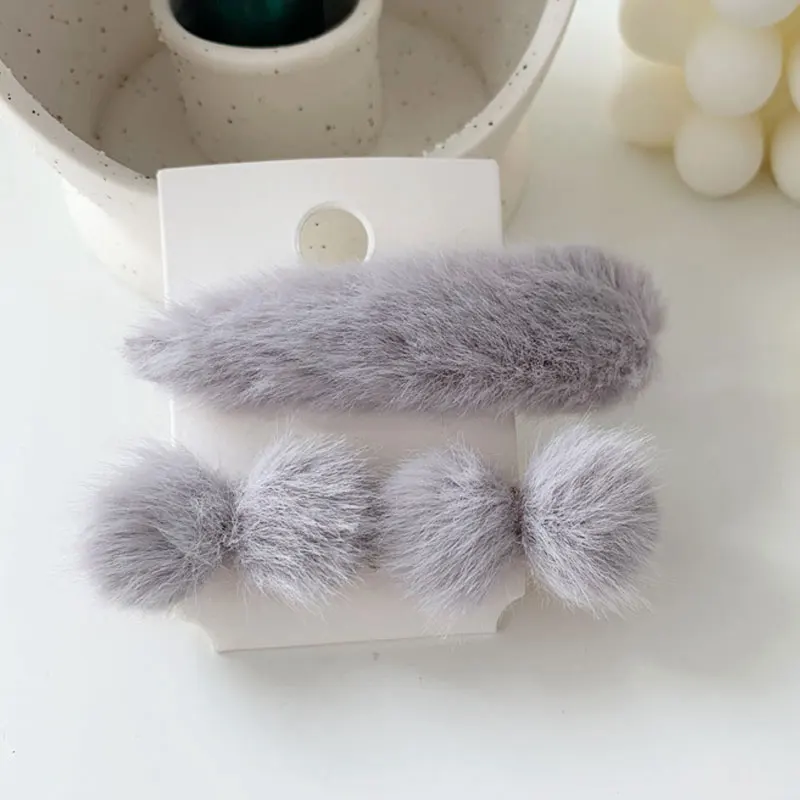 grey Корейские зимние новые женские аксессуары для волос Меховые помпоны капли воды заколки для волос наборы шпилек для волос для девочек милые заколки для волос - Цвет: grey