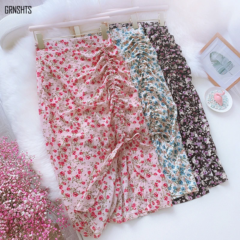 

Summer Bohemian Print Elegant Charming Small Floral Chiffon Skirt Drawstring Pleated Split High Waist Bag Hip Mid-length Skirts