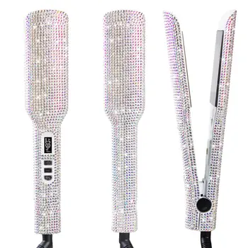 

Titanium Hair Straightener 2 Inch Flat Iron Professional Dual Voltage Straightening Irons LCD Display Rhinestone Styler