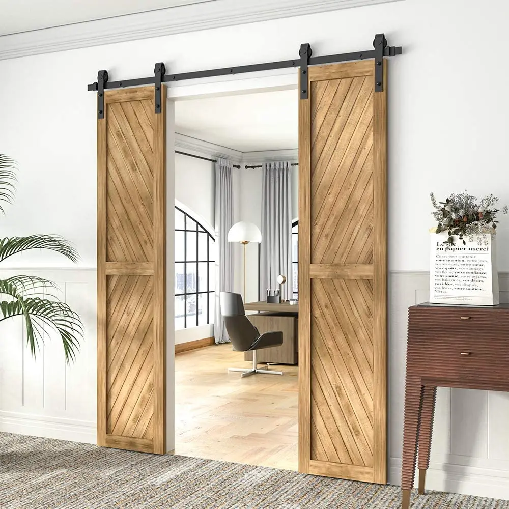 JACHOR 4-16FT J-Shaped Barn Door Slide Hardware Kit Top Hanging Roller Rail Barn Door Fittings Set for Double