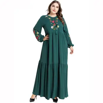 

2020 New Floral Embroidery Muslim Abaya Long Flare Sleeve Patchwork Solid Color Tassels Turkey Maxi Long Dress Plus Size