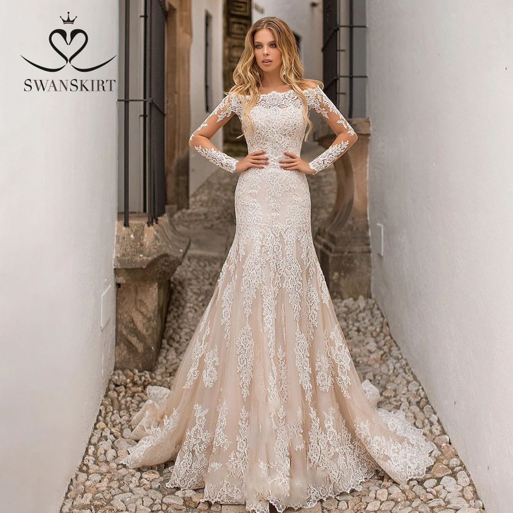 Винтажное свадебное платье с длинным рукавом и аппликацией, юбка-лебедка, N134, съемный шлейф, 3 в 1, Русалка, на шнуровке, свадебное платье, Vestido de novia - Цвет: Шампанское