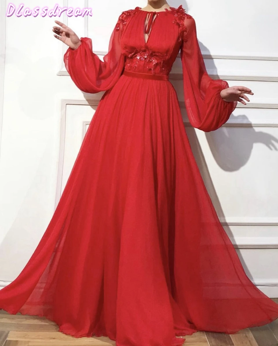 

Red Long Sleeves A-Line Evening Dresses 2020 Sexy Women Formal Party Prom Dress Elegant Sequins Appliques Chiffon Robe De Soiree