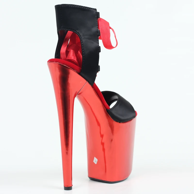 

20cm high heel Black/red Faux Stripper Exotic Dance High Heels Lace-Up Sandals