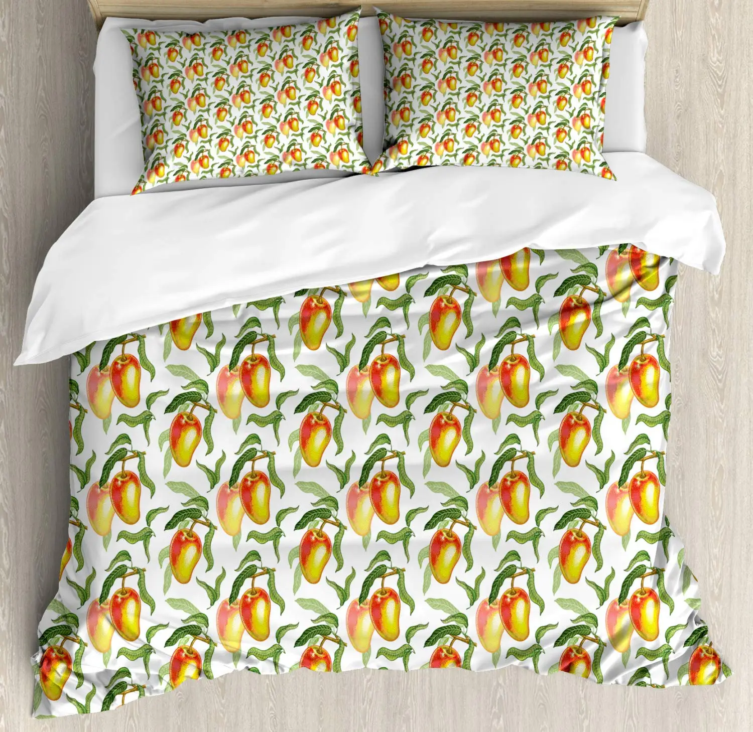 Tropical Duvet Cover Set Tasty Mangoes on Branches with Leaves Decorative 3 Piece Bedding 2 Pillow Shams Queen Size | Дом и сад