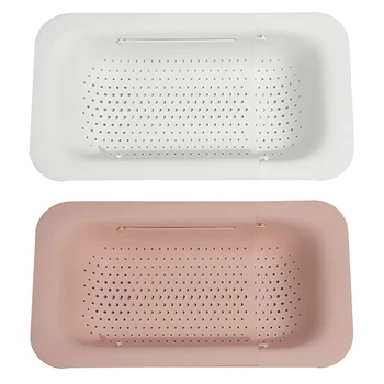 

2Pcs Retractable Sink Drain Basket Plastic Dish Rack Vegetables Filter Water Baskets Storage Basket - Pink & White