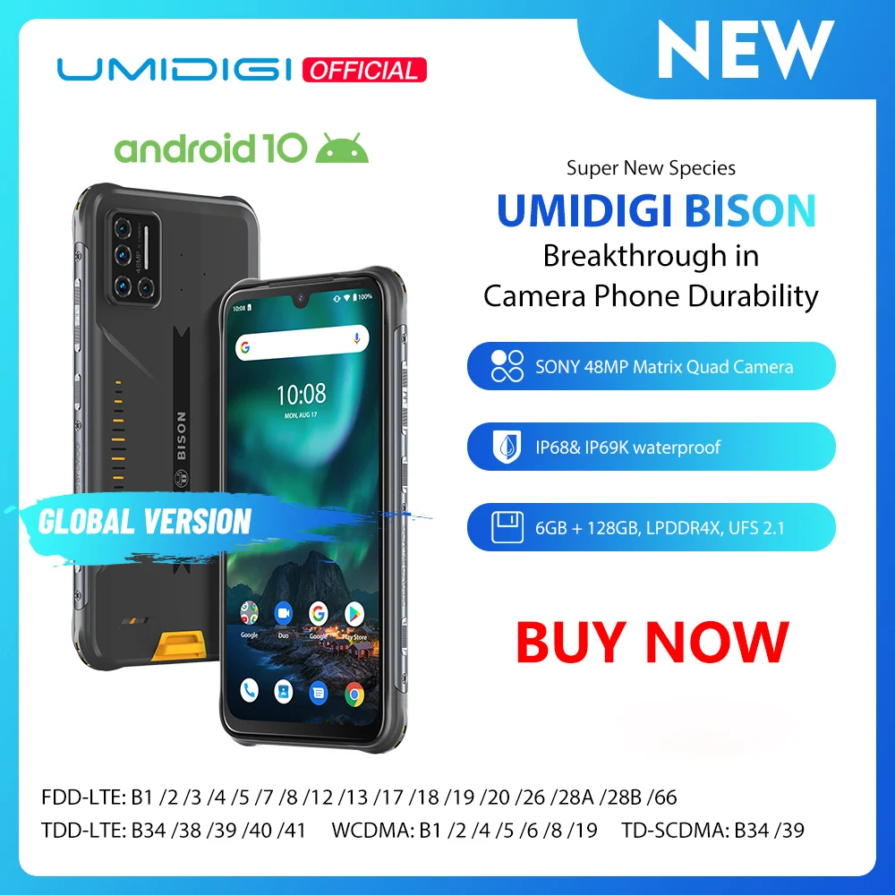 Umidigi-teléfono inteligente BISON IP68/IP69K, teléfono resistente al agua, Quad Cámara matricial de 48MP, pantalla FHD de 6,3 pulgadas, 6GB RAM, 128GB rom, Android 10, soporta NFC