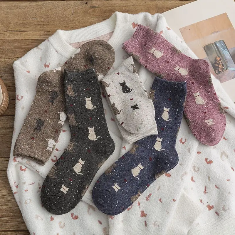 1 Pair Autumn and Winter New Style Japanese Cute Socks Korean Cat Harajuku Women Wool Kawaii Thicken | Женская одежда