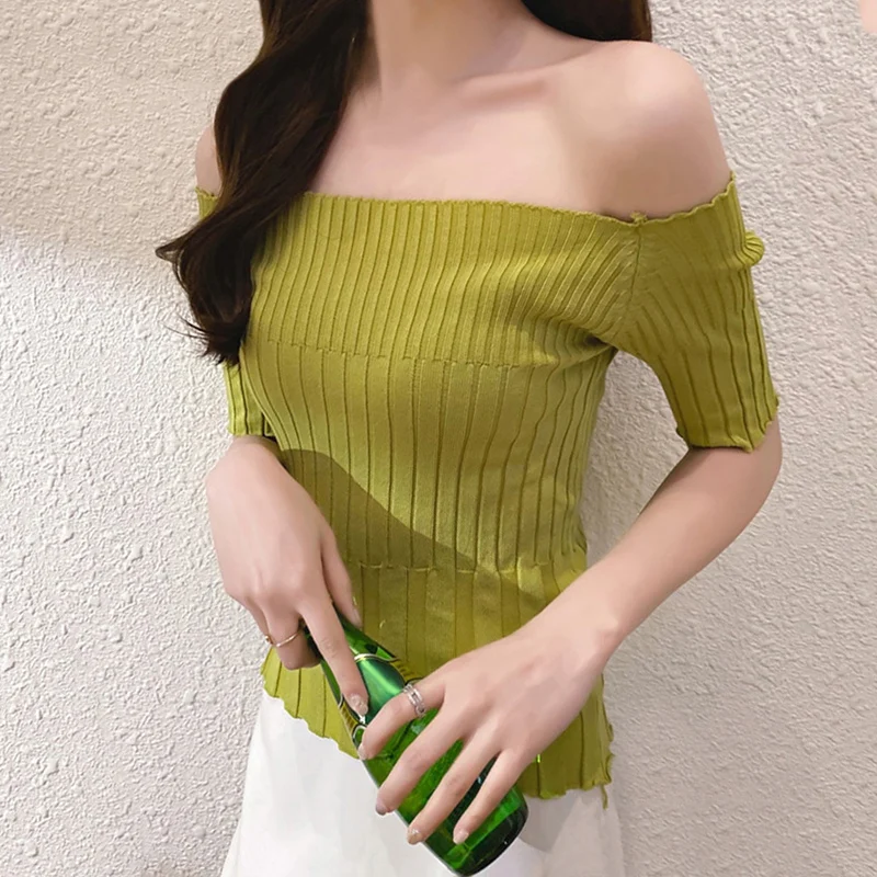 

Women Summer Off Shoulder Slash Neck Tee Top Summer Short Sleeve Skinny Knitted T-shirt Solid Color Female Casual Tees