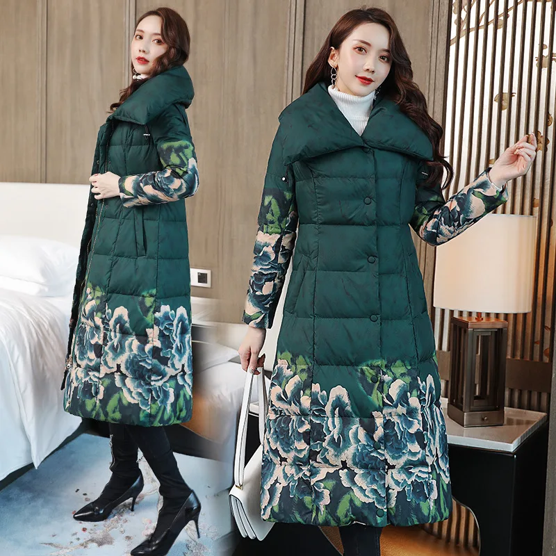 

Down Jacket Cotton-padded Clothes Women's Mid-length 2019 Autumn & Winter New Style Large Size Dress over-the-Knee Retro Printed