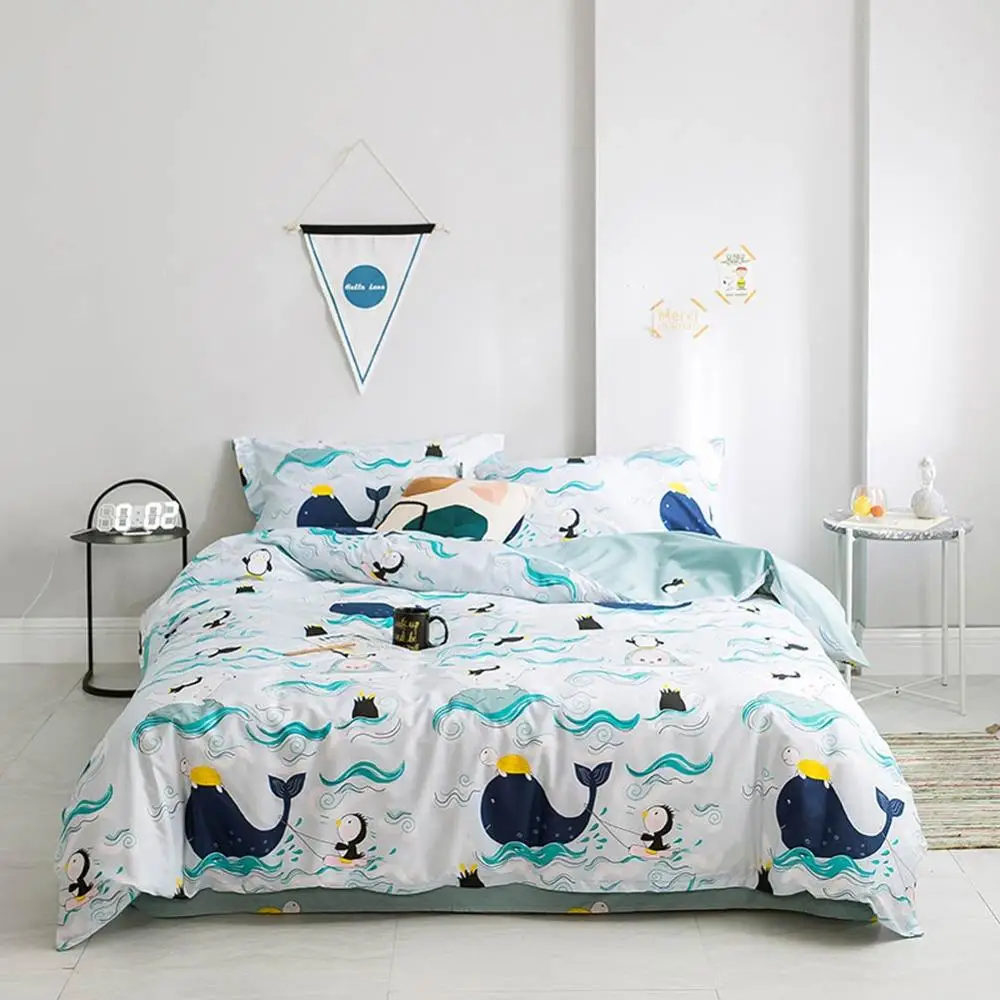 

2019 Whales Fish Sea Waves Blue Duvet Cover Set High Count Cotton Bedlinens Twin Queen King Flat Sheet Fitted Sheet Bedding