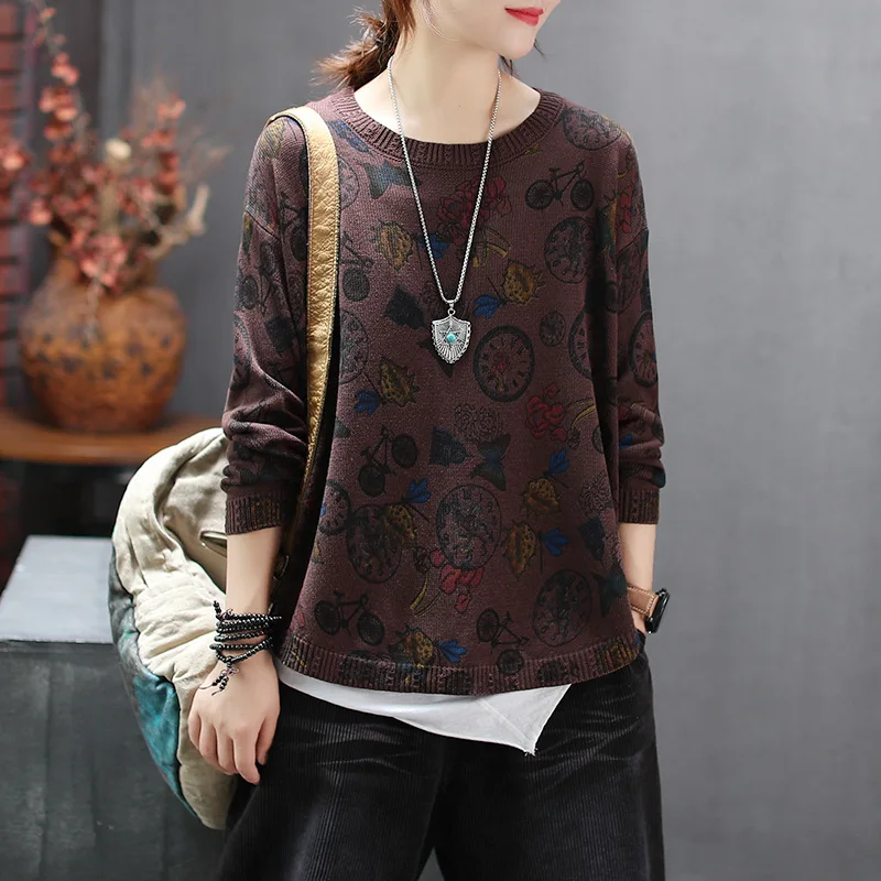 

New retro art print bicycle o-neck long-sleeved sweater autumn loose pullover js