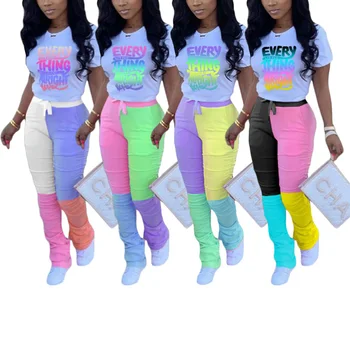 

Women Fashion 2-piece Outfit Set Short Sleeve Letter Print T-shirt and Color Block Ruched Pants Set