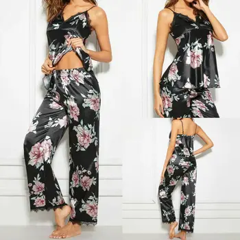 

Summer Women Sexy Pajamas Set Sleepwear Lace Silk Pijamas Sleepwear Deep V Sling Satin Cami Top+Long Pants 2pcs Female Nightgown