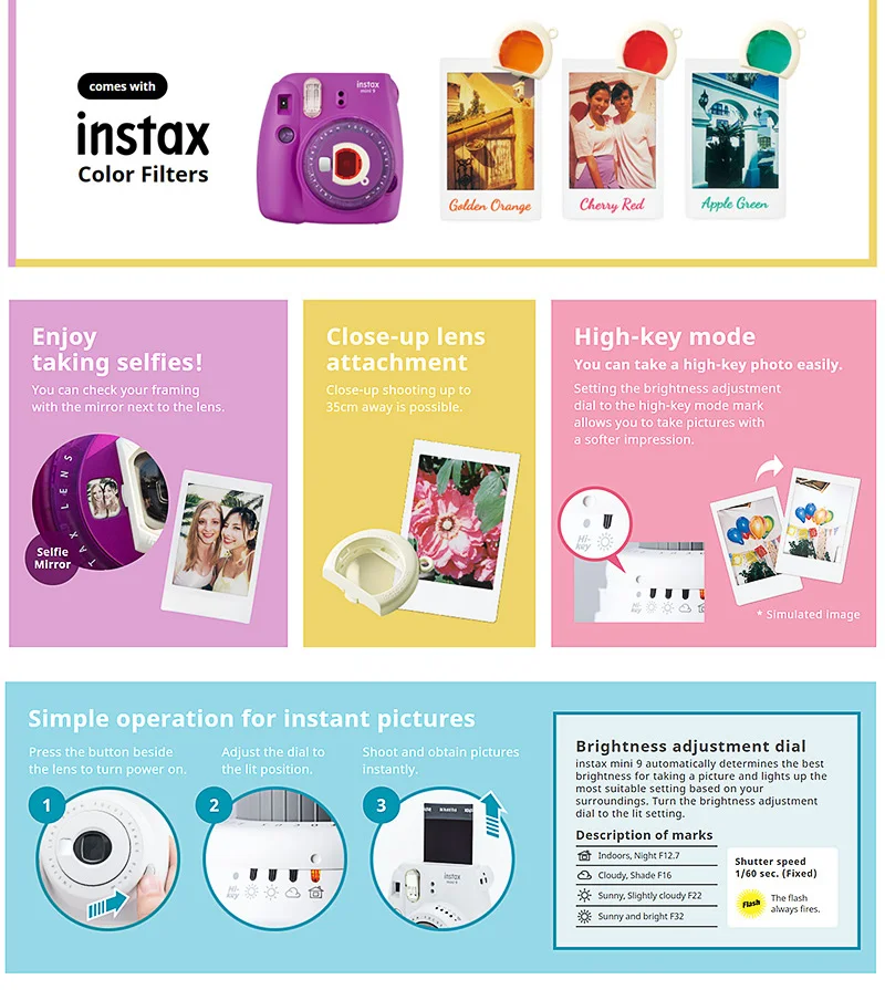 Fuji Fujifilm Instax Mini 9 мгновенная фотокамера с зеркалом для селфи, фотокамера для съемки Insta Mini 9, цвет