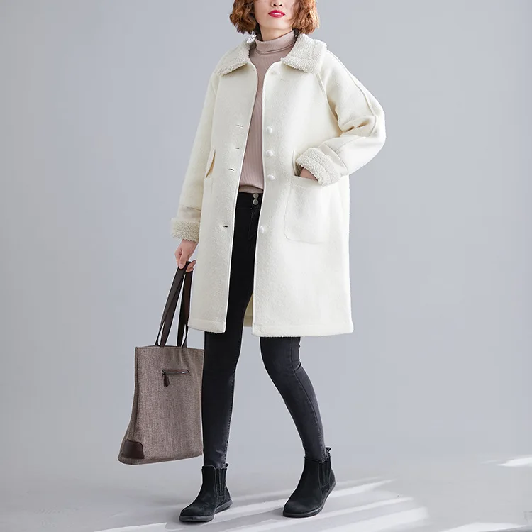 

Good to House Fold-down Collar Pink Wool-like Fabric Coat WOMEN'S Dress Popular Short-height Ni Overcoat Mid-length jian Coat