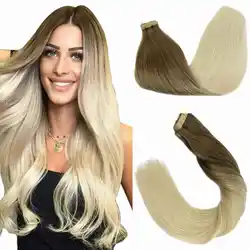 POPUKAR Straight Tape In Human Hair Extensions Seamless Invisible Natural Skin Weft Adhesive Ash Brown to Platinum Blonde