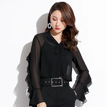 

Long Sleeve Bow Neck Summer Blouse Women Black Patchwork Ruffle Elegant Blouses Woman 2020 Chiffon Office Shirts for Ladies