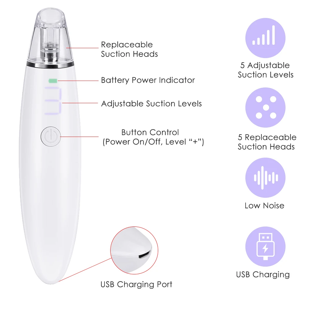 Электрический пылесос для удаления угрей, очиститель пор, прыщей, экстрактор, Перезаряжаемый USB инструмент для удаления с 5 регулируемыми присосками