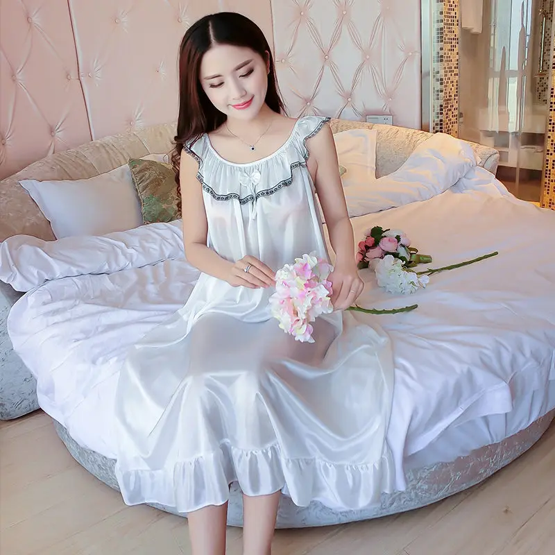 Silk Night Shirts Sleepwear Women Nightdress Lounge Sleep Ladies Nightgown Sexy Nightwear White Home Sleep Loungewear Loose Soft