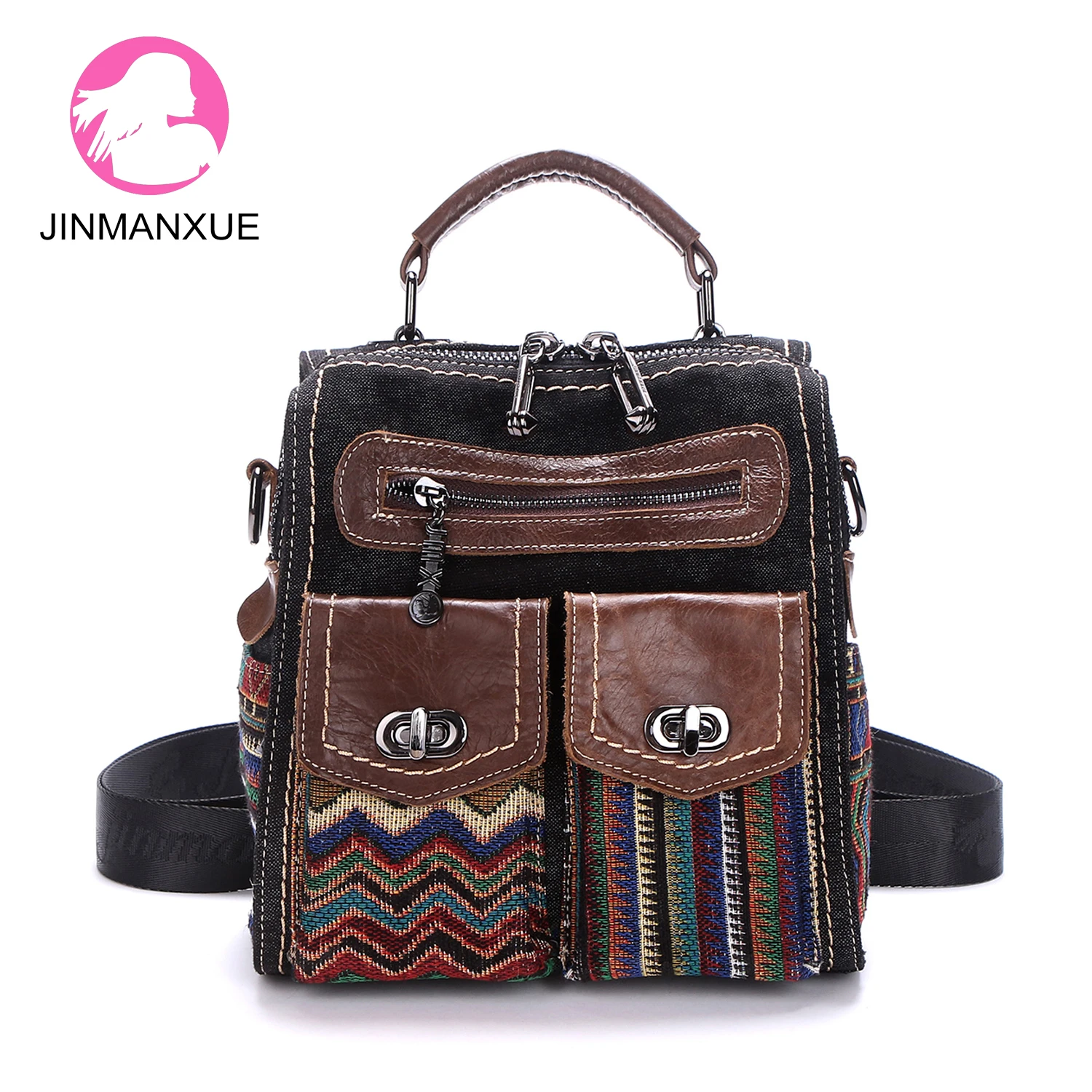 

Retro Covered Front Pocket Wide Shoulder Strap Messenger Handbag Fashion All-Match Denim Backpack Female Travel Shoulder Bag