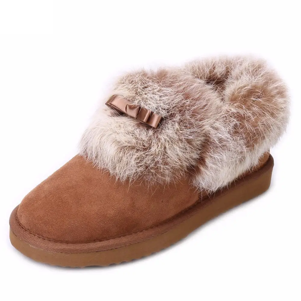

2019-20 Fashion Real sheepskin Suede leather fur lined short ankle women winter snow boots rabbit fur with bow knot winter shoes