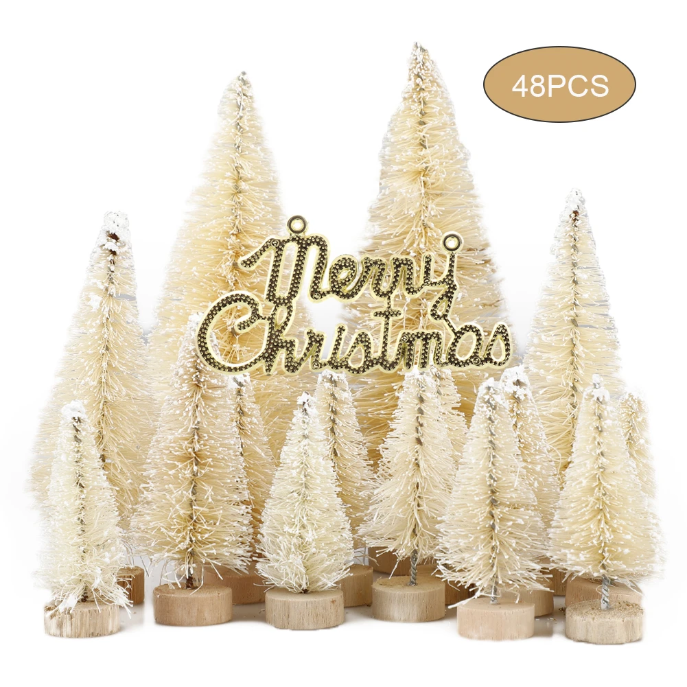 

49 Pcs Winter Snow Ornaments Tabletop Trees Decoration Multicolor Mini Pine Trees Frosted Sisal Trees with Wood Base Plastic