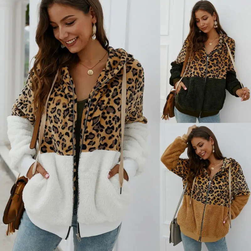 Женское пальто на молнии с леопардовым принтом Женская флисовая Меховая куртка