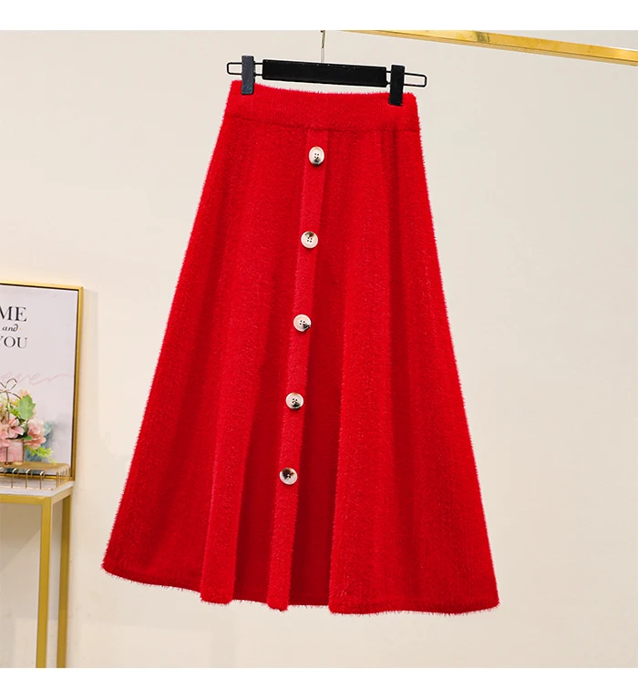 Black Red Knitted Long Plus Large Size Oversize Korean Style Fashion Autumn Women'S Clothing Vintage 2021 High Waist Skirts Skirts