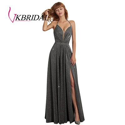 Серый VKBRIDAL сексуальное длинное платье для выпускного вечера с лямкой на шее, новинка, блестящая ткань, вечернее платье с лямками на спине - Цвет: Серый