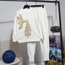 Весенний вязаный женский свитер, новинка, модный свитер с вышивкой золотой рыбки+ Повседневный трикотажный спортивный костюм, комплект из 2 предметов, брюки для женщин
