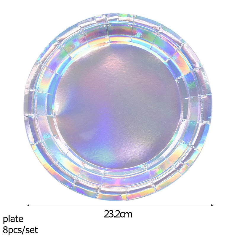 Лазерные серебристые и розовые одноразовые столовые приборы, набор чашек, тарелок, салфеток, соломинки, свадебные украшения, принадлежности для дня рождения - Цвет: SB01 8pcs plates