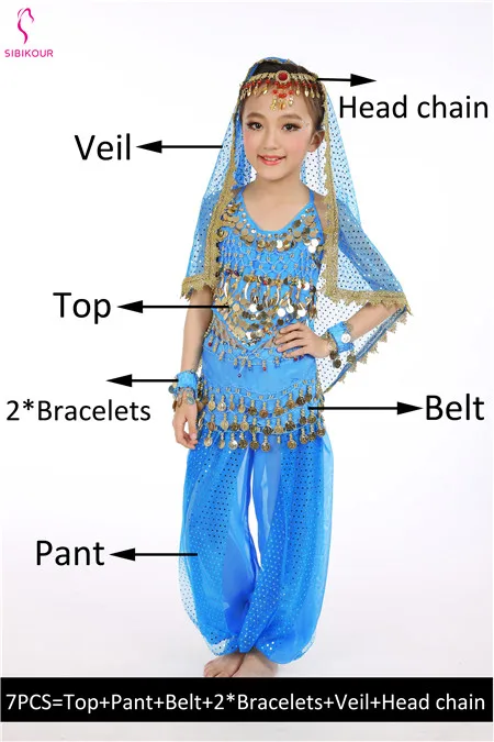 Ocean Blue 7pcs Детский набор костюма для танца живота Восточные Танцевальные костюмы для девочек Египетский Болливуд индийский танец живота одежда Индия 8 цветов - Цвет: Ocean Blue 7pcs