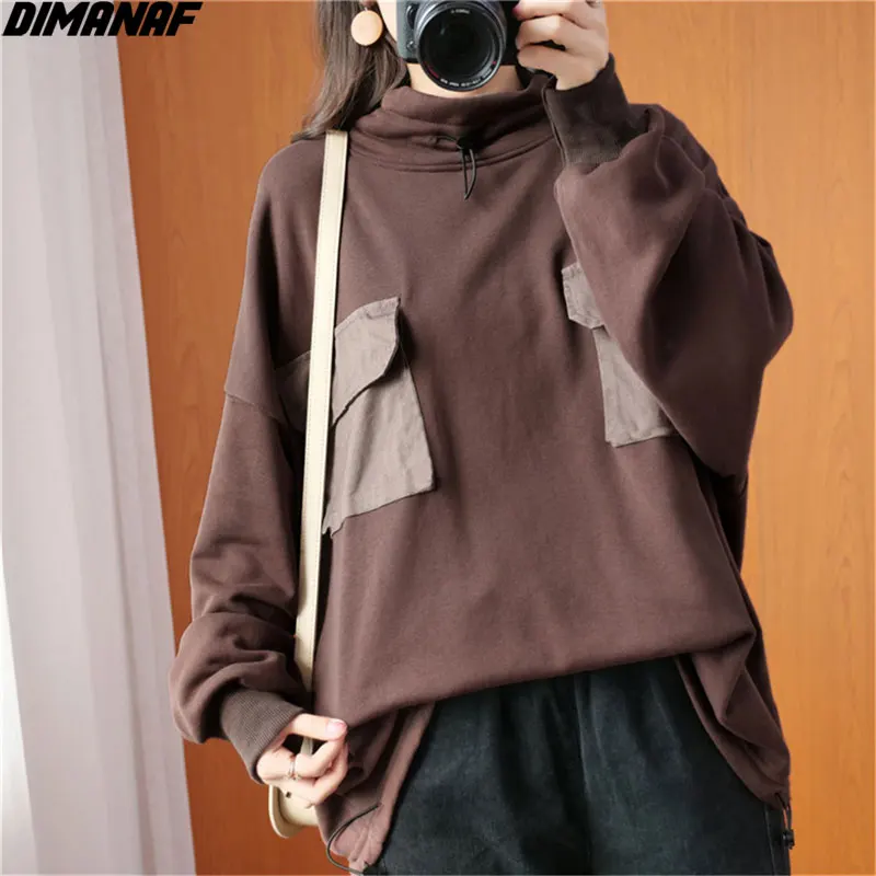 

DIMANAF 2020 Plus Size Women Hoodies Turtleneck Sweatshirt Winter Patchwork Pullover Casual Style Vintage Cotton New Tees