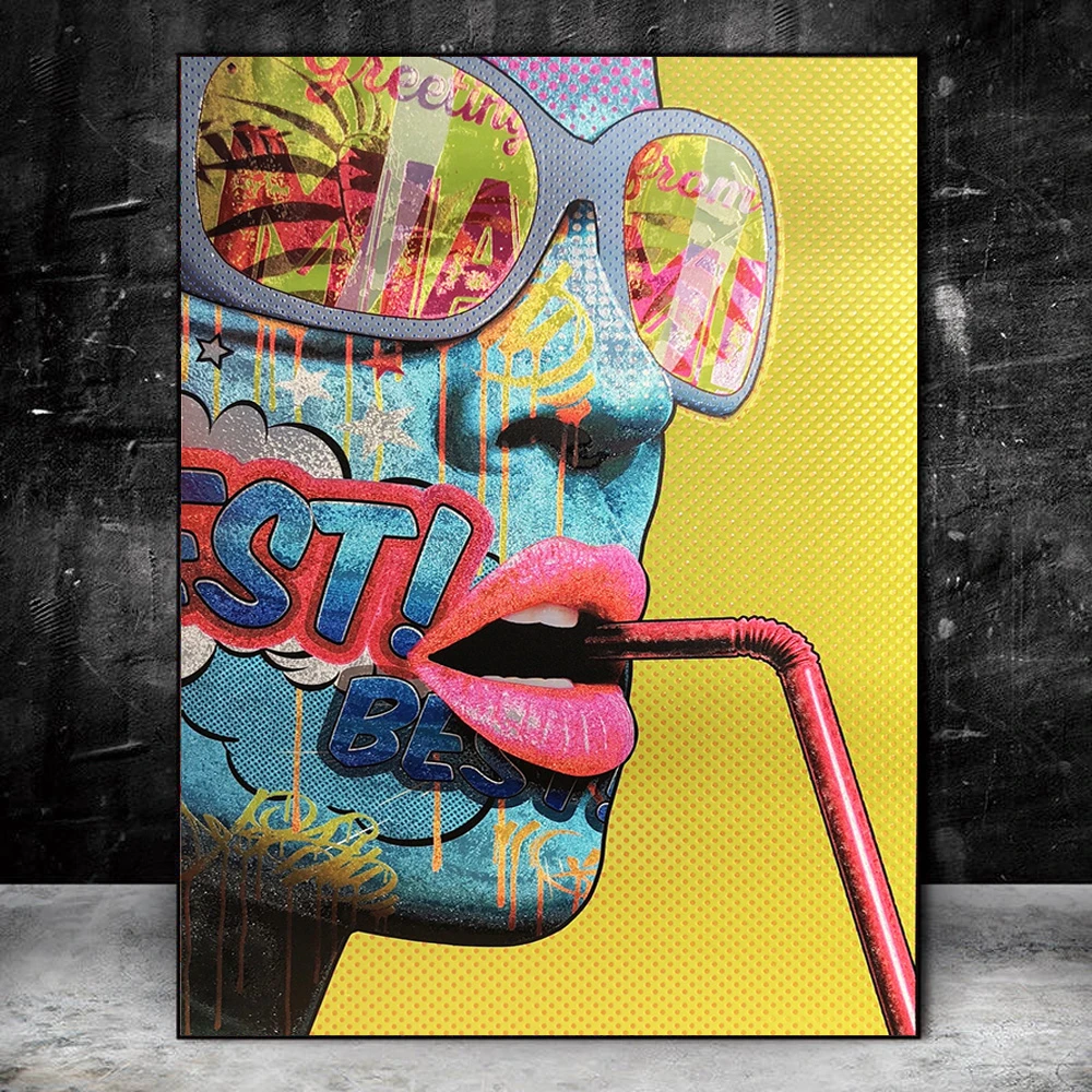Graffiti Sexy Glasses Girl Drink Art Canvas Print Painting Women Fashion Wall Picture Living Room Bedroom Home Decoration Poster Painting Calligraphy Aliexpress