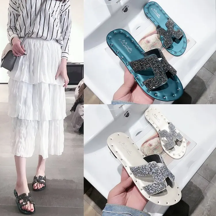 

2019 Summer New Style WOMEN'S Slippers Korean-style Retro Fashion H Drag Man-made Diamond Single-strap Slipper Outer Wear a