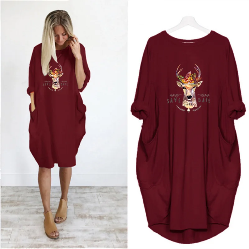 

Plus Size Loose Women Midi Dresses Deer Cartoon Deer Print Long Sleeve o Neck Vintage Harajuku Party Streetwear Vestidos Robes