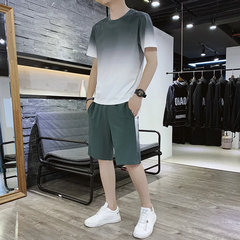 Men Clothing Shirt-Sets Sweatsuit-Track-Shorts Summer Sportswear Male Gradient-Color