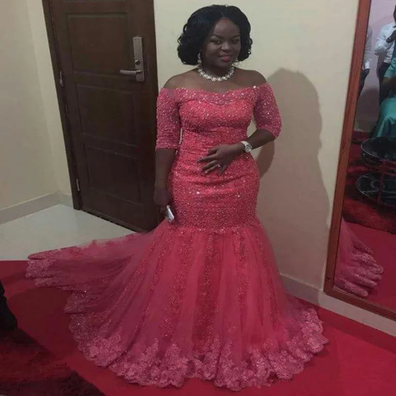 

2020 Fushia Mermaid Wedding Party Dress Off The Shoulder Half Sleeves Lace Appliques Bridal Dress Vestido De Noiva Custom Made