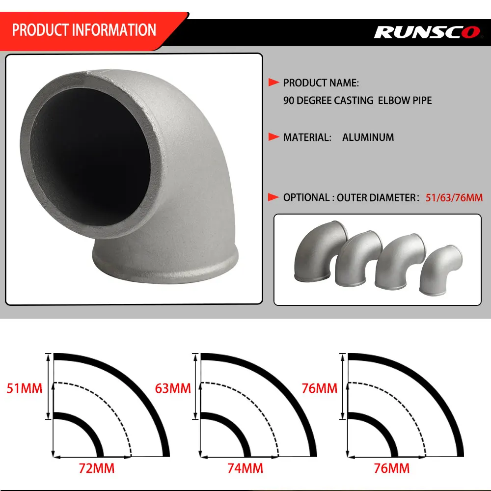 Casting Elbow Pipe 2.0 Inch (51mm) 2.5 Inch(63mm)3.0 Inch (76mm) Casting Elbow Pipe 90 Degree Intercooler Turbo Tight Bend Aluminium