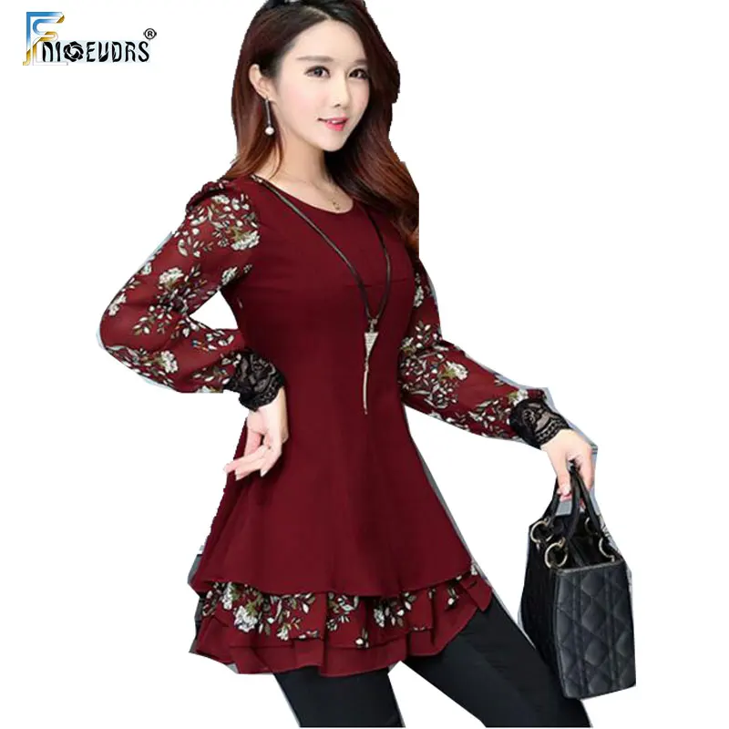 

Autumn Fall Basic Shirts Blouses Women Elegant Office Lady Patchwork Floral Print Tunic Top Belly Faux Two Piece 4XL 3XL S08