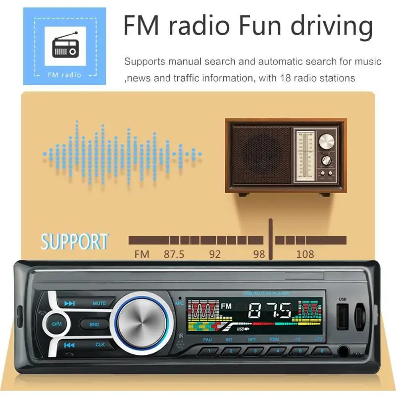 Универсальный 1 Din автомобильный стерео аудио USB FM радио Bluetooth Hands-free В-Dash головное устройство MP3 музыкальный плеер RM-JQ1784C