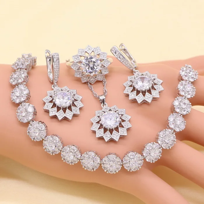 Цветок белый кубический цирконий серебряный цвет 925 комплекты украшений для женщин браслет из серьги-гвоздики ожерелье подвеска подарочная коробка - Окраска металла: White 4PCS