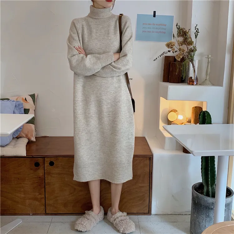 

2019 Autumn And Winter New Style Korean-style Loose-Fit Versatile High Collar Solid Color Base Outer Wear Knitted Sweater Dress
