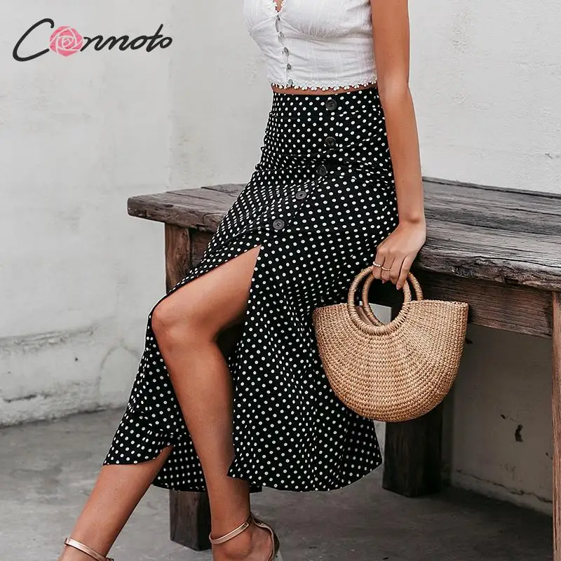 

Conmoto Women Summer Polka Dot Black Long Skirts Female High Waist Slit Asymmetric A Line Skirts Lady Casual Beach Holiday Skirt