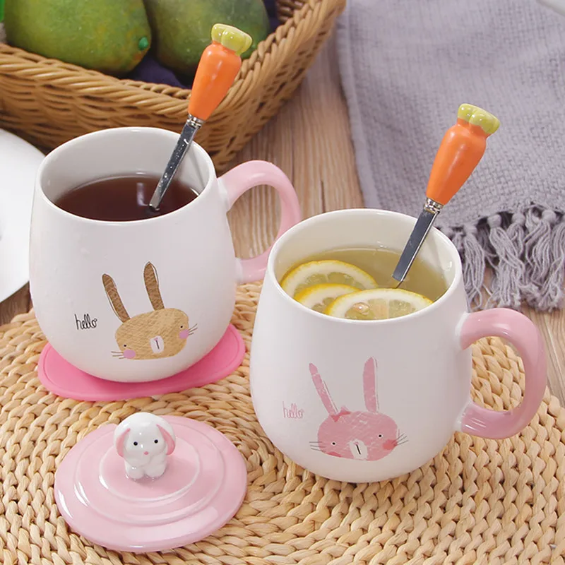 XING KILO, керамическая мультяшная чашка для девочек, милая парная кружка, Офисная кофейная чашка с крышкой и ложкой, креативная мультяшная чашка с кроликом для девочек